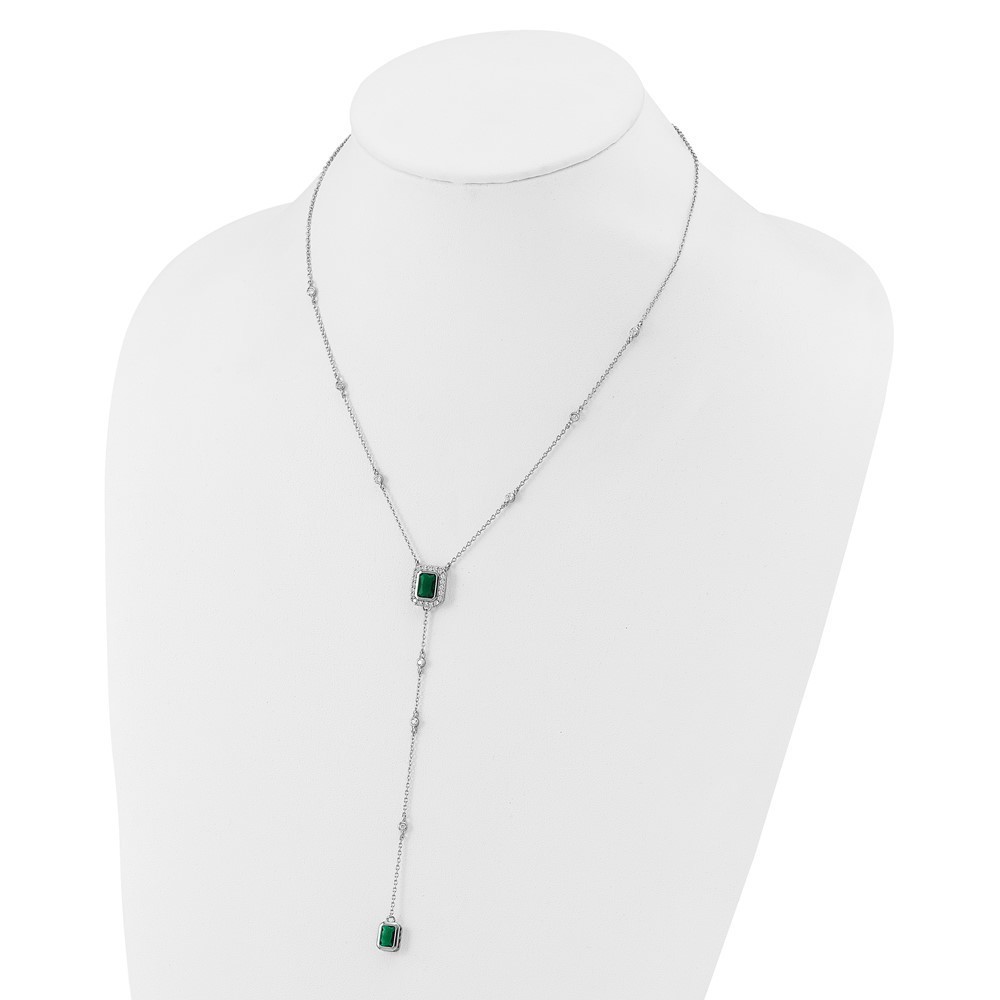 925 Sterling Silver RH-plated Polished Fancy Green Glass and CZ Lariat Necklace - Picture 3 of 5